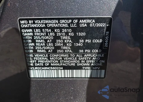 2022 Volkswagen Atlas 3.6L V6 Se W/Technology z USA, uszkodzony, nr VIN 1V2JR2CA8NC560234